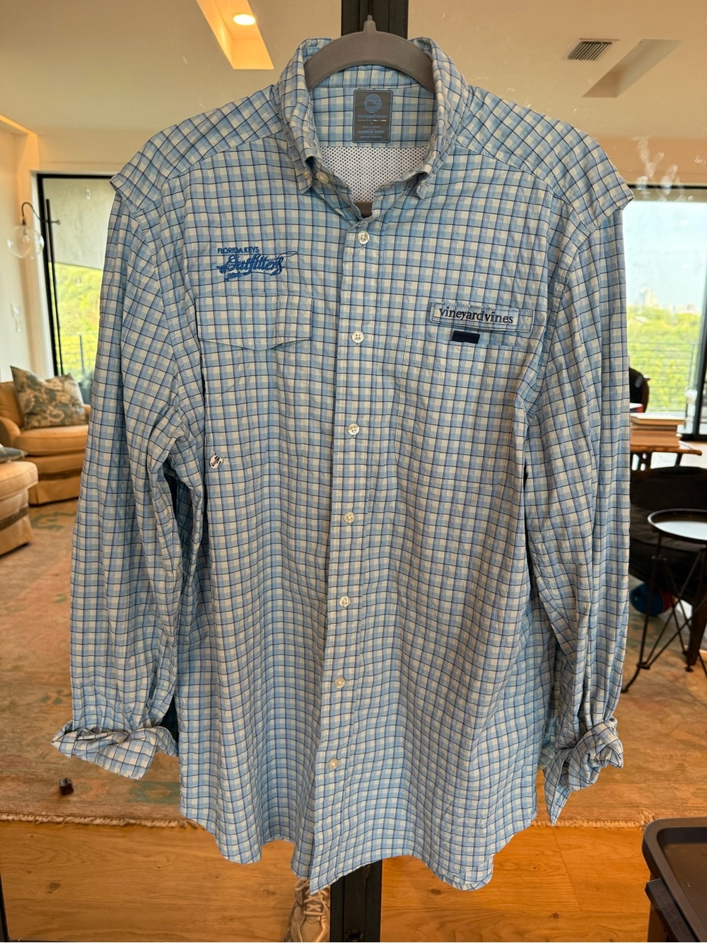 Vineyard Vines Men’s Florida Keys Outfitters Light Blue Plaid Fishing Shirt